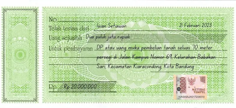 Contoh kwitansi DP Jual Beli Tanah