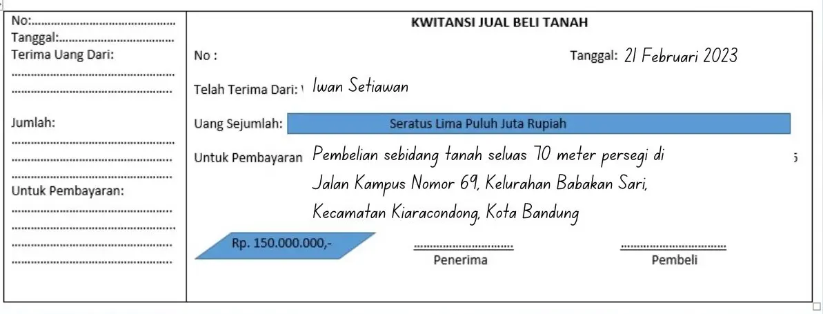 Contoh kwitansi Pembelian Tanah