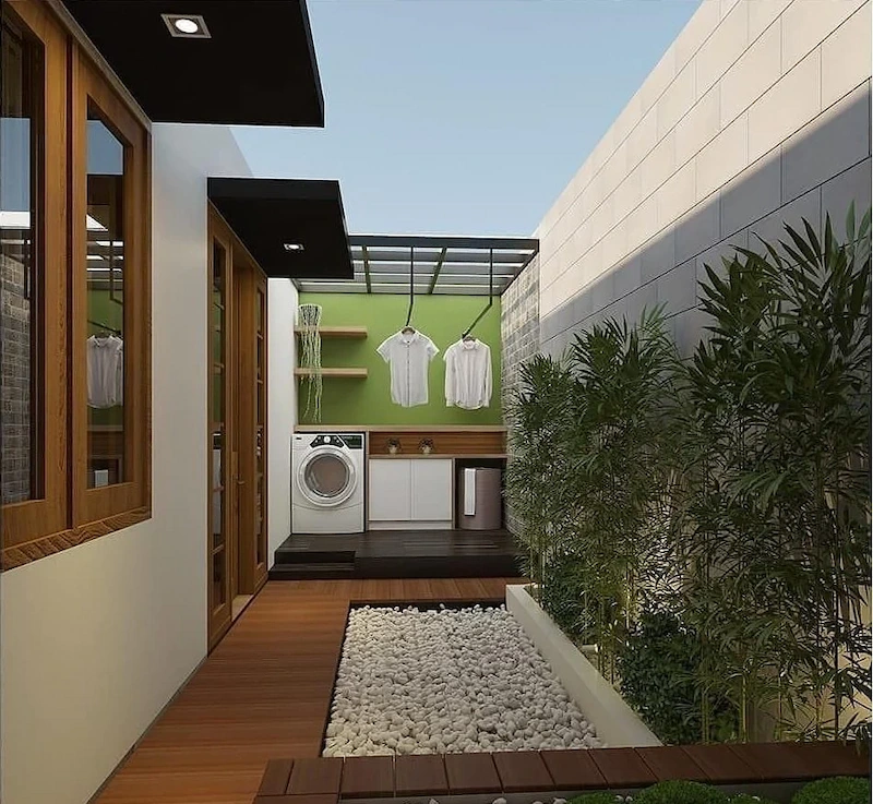 Desain Tempat Cuci Baju dan Jemuran Dekat Taman Belakang