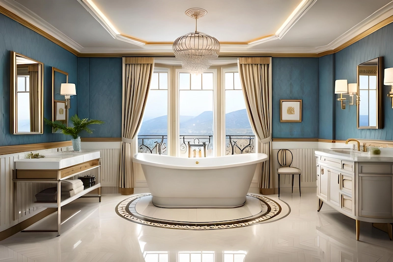 Kamar Mandi Modern dengan Bathtub Mewah dan Jendela Besar