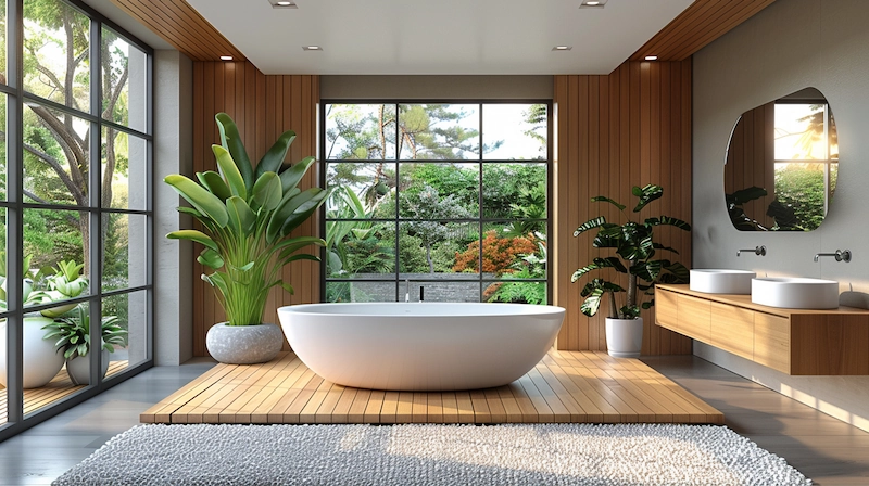 Kamar Mandi Modern dengan Bathtub di Tengah Ruangan