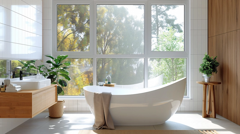 Kamar Mandi dengan Bathtub di Dekat Jendela
