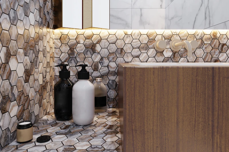 Lantai Abu-Abu Motif Sarang Lebah dan Dinding Putih