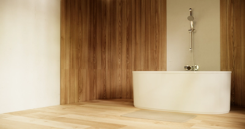 Lantai Motif Kayu dan Dinding Keramik Beige