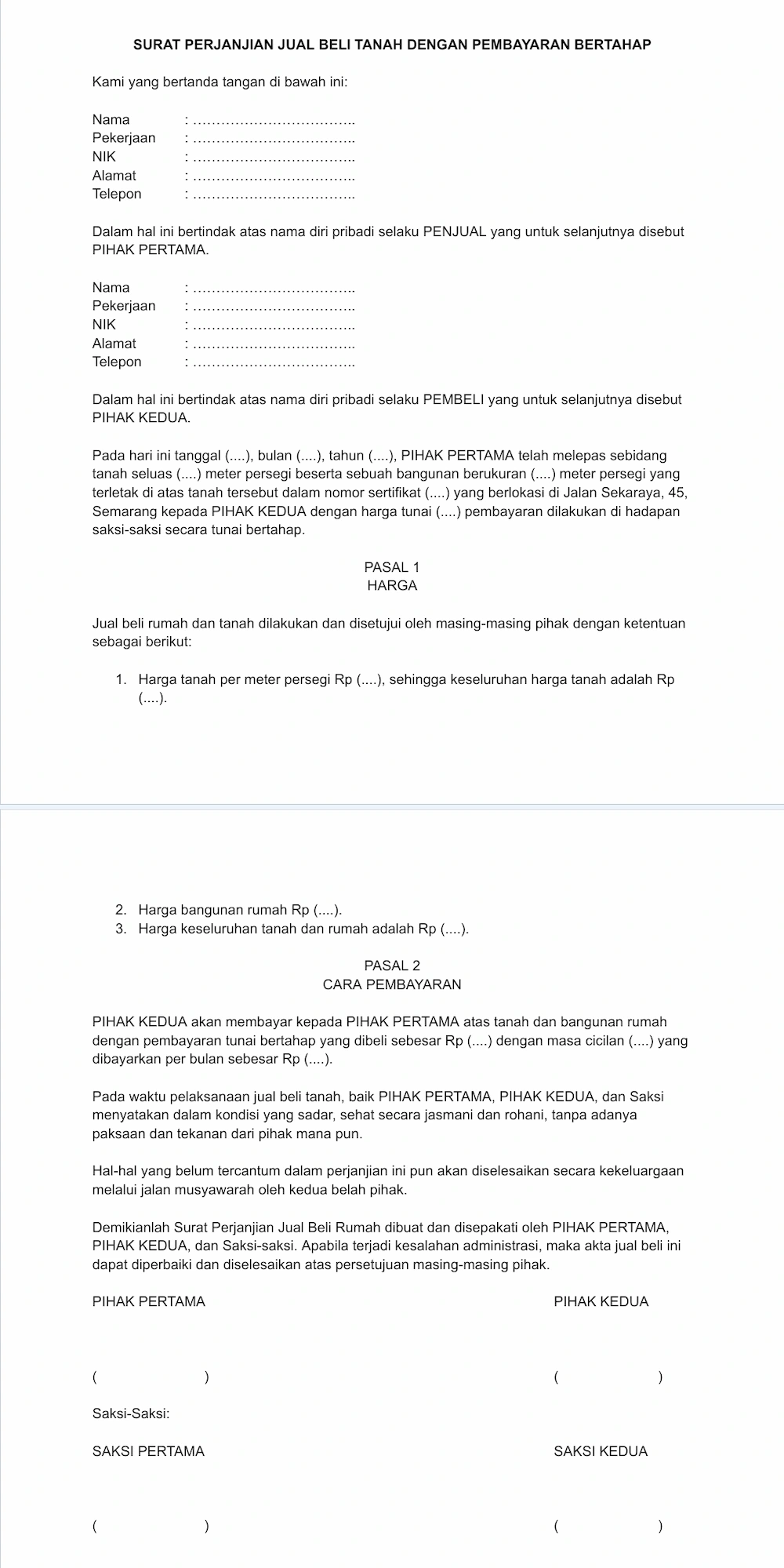 Contoh Surat Perjanjian Jual Beli Rumah dengan Pembayaran Bertahap